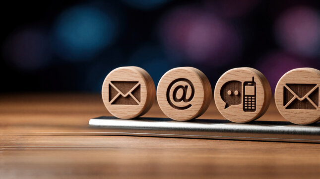 Wooden icons for email, at symbol, chat and phone on table. Computer mouse sits nearby. Represents business communication methods and contact options for users.
