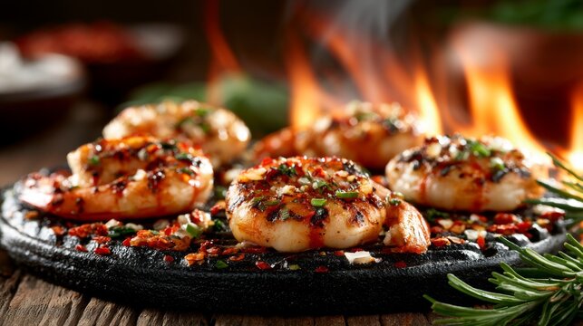 Grilled Shrimp with Spices on Hot Cast Iron Sizzler Surrounded by Flames and Fresh Herbs for Culinary Delights and Gourmet Cuisine