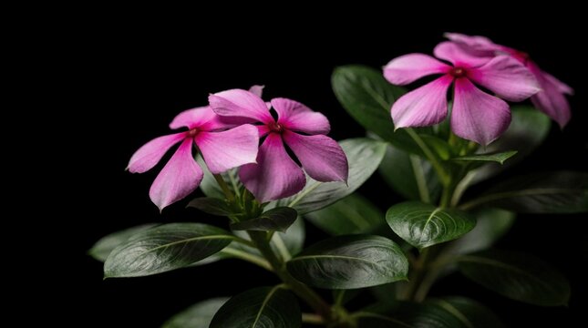 Pink vinca flowers with green leaves stand out against a dark background. Delicate petals reveal vibrant centers. Plant grows tall on black backdrop.