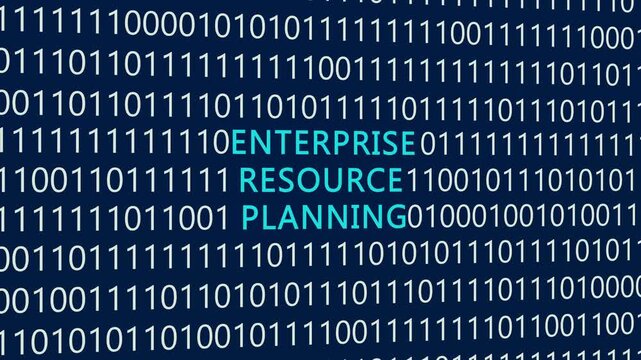 Enterprise resource planning text or word with digital binary animation background, designed for an illustrative digital world technology concept representing business software and data.