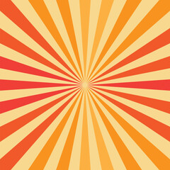 Fototapeta premium Yellow and orange retro sunburst background in groovy grunge texture design, nostalgic hippy abstract illustration in striped radial sun rays or starburst effect vector.