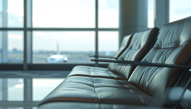 Airport Departure Lounge: Rows of empty leather seats in a modern airport lounge, with large windows overlooking a runway where an airplane is visible in the distance.