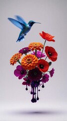 Fototapeta premium Blue hummingbird flies near colorful flowers with dripping purple ink. Tiny bird hovers mid air above blooming plants on gray background. Vivid petals and abstract paint drops.