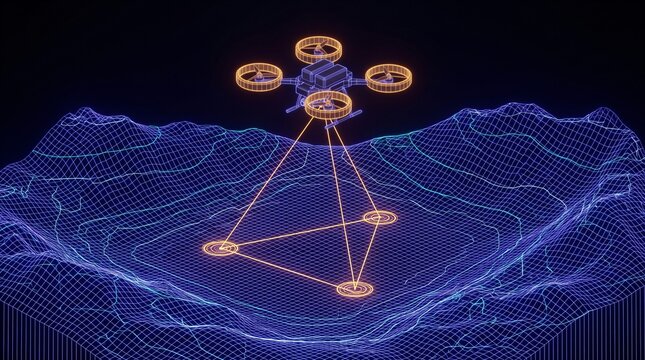 Tactical Drone Triangulation Over Highland Basin Topographic Mesh Terrain With Concentric Target Acquisition Markers Laser Projection Beams Contour Lines Waypoint Trajectory And Spatial Telemetry