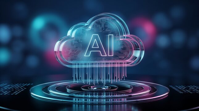 Glass cloud computing icon with artificial intelligence text glowing on digital platform representing cloud storage data processing and advanced machine learning connectivity systems