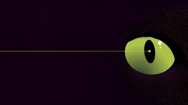 Glowing cat eye in dark fur background with thin yellow laser light line for mystery game tech concept banner design