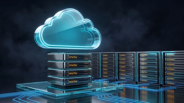 Glass cloud computing icon hovering over stack of server hardware units with glowing blue circuitry representing secure cloud storage and enterprise data center management solutions