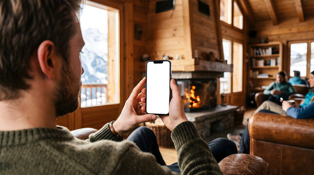 Hand holding mobile cellular phone with empty white mockup display, tourist sitting in luxury alpine ski resort chalet lounge with fireplace and balcony using ski map app guide
