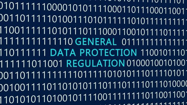 General data protection regulation text or word with digital binary animation background, designed for an illustrative digital world technology concept representing privacy and compliance.