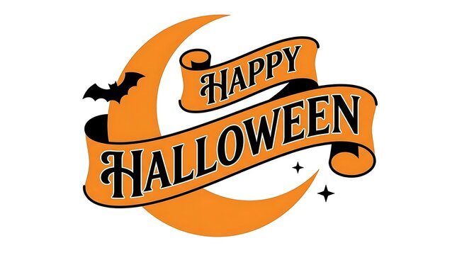Festive halloween design with crescent moon ribbon banner and a silhouetted bat
