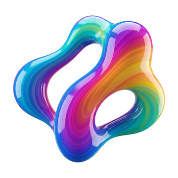 Colorful glossy abstract 3D fluid torus loop with twisted organic curved shapes featuring vibrant rainbow gradient stripes and smooth reflective porcelain texture