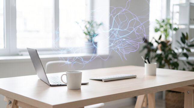 Modern office desk setup with laptop and abstract artificial intelligence brain graphic hologram