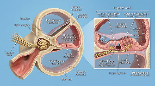 3D Photorealistic Complete Human Cochlea Anatomy with Turns Scalae Organ of Corti and Innervation