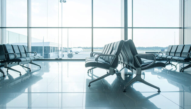 Airport waiting area: Empty rows of seats in a modern airport waiting area with large windows overlooking the tarmac and runway, reflecting on the polished floor.
