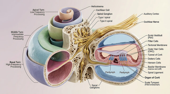 3D Photorealistic Complete Human Cochlea Anatomy with Turns Scalae Organ of Corti and Innervation