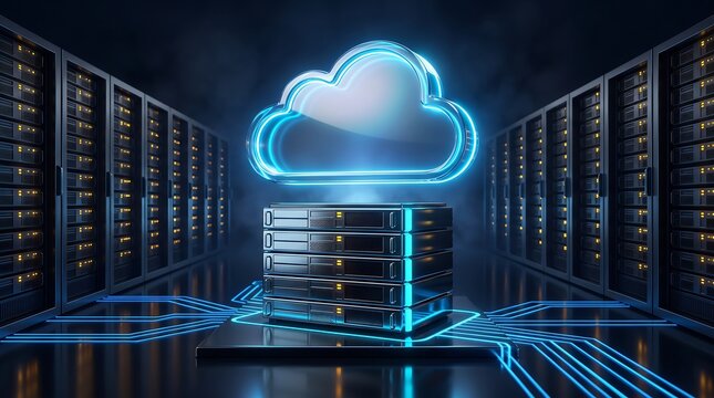 Data server room with glowing cloud computing icon floating above hardware racks representing modern digital storage and global network connectivity solutions