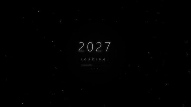 Futuristic loading screen counting up to 2027 with twinkling stars on black background