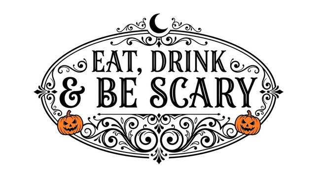 Vintage halloween sign with spooky text and pumpkin illustrations for festive decor
