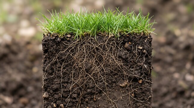 Isolated square block of green grass growing in rich soil showing a detailed underground root network