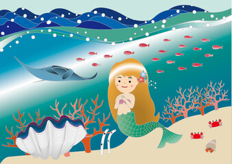 人魚姫と海の世界のファンタジーイラスト背景／マーメイド・サンゴ・水族館・夏・素材 © 川崎市民団体Coaクラブ