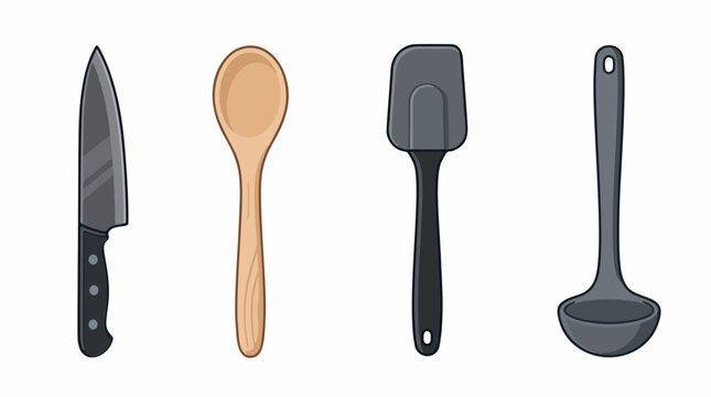 Set of essential kitchen utensils including chef knife, wooden spoon, spatula, and soup ladle, vector illustration  on white background. Cooking equipment and culinary tools concept.