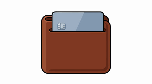 Brown leather wallet with a credit card inserted, vector illustration on white background. 