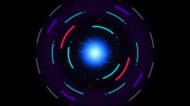 Colorful Neon HUD Rings Rotating Around Glowing Blue Core on Black Background