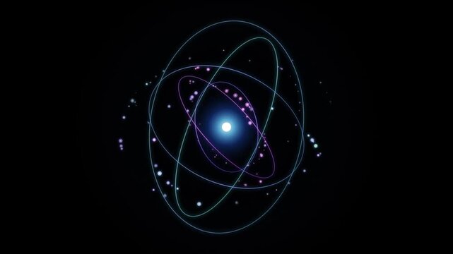 Abstract quantum atom model with glowing electrons orbiting a bright nucleus