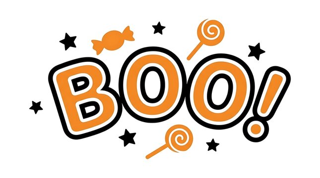 Colorful halloween illustration with the word boo candy and stars on white background