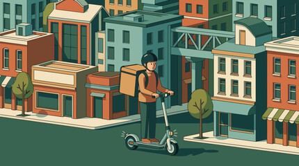 Obraz premium Delivery courier riding electric scooter in isometric city street