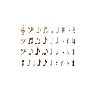 Collection of various golden metallic music notes symbols