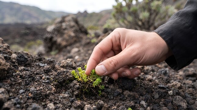 A hand touching a small green plant growing on volcanic soil.