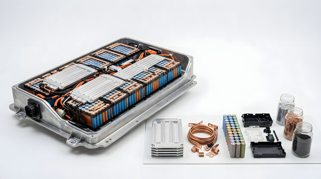 Electric vehicle battery pack with exposed lithium ion cells, copper busbars, cooling components and enclosure parts in an exploded technical view