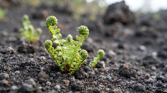 A small green fern sprout growing in volcanic black soil.