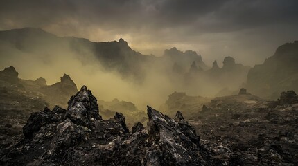 Obraz premium Dramatic landscape with rocky mountains shrouded in heavy fog at sunrise.