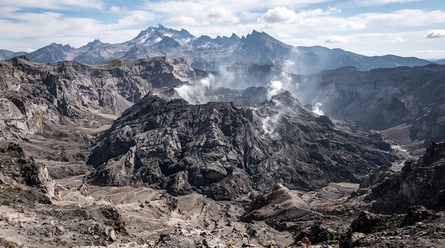 Dramatic landscape of Mount St Helens crater and steaming lava dome.