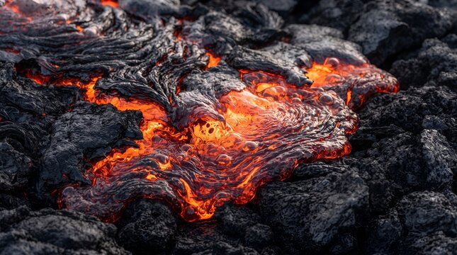 Molten Lava Flowing Over Solidified Volcanic Rock Surface.
