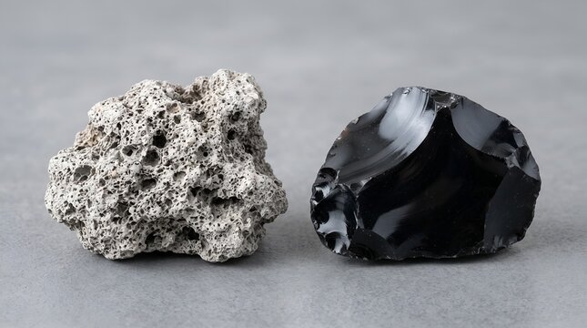 Pumice and Obsidian Volcanic Rocks Side by Side.