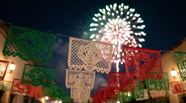 Mexican papel picado banners hanging outdoors at night with bokeh fireworks explosion in blurred background