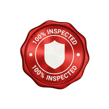 Red wax seal stamp with shield icon and text saying 100 percent inspected for quality control and verification