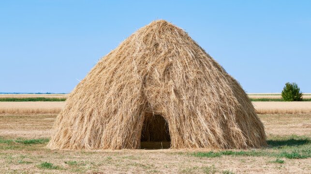 Rustic haystack structure in open field surrounded by grassland under clear blue sky during bright sunny day, perfect for pastoral and rural themes