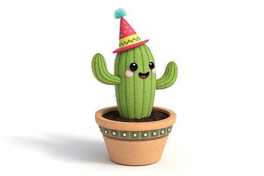 Cartoon cactus in party hat smiling cheerfully