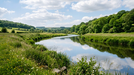 Obraz premium A peaceful river winding through the lush green countryside of the English landscape.