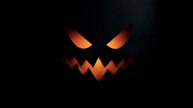 Minimalist pitch black background with glowing orange terrifying Jack o lantern eyes and jagged mouth, pure horror Halloween.