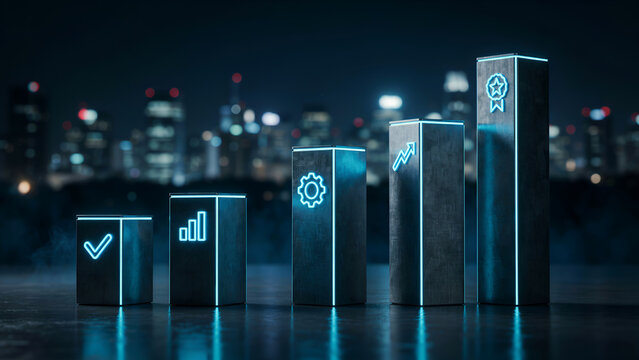 3d render of glowing neon business icons on rising metal pillars against a blurred city skyline at night, representing growth, success, and strategy