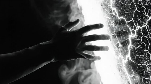 Mysterious hand reaches towards an illuminated portal with cracking patterns and swirling smoke in grayscale