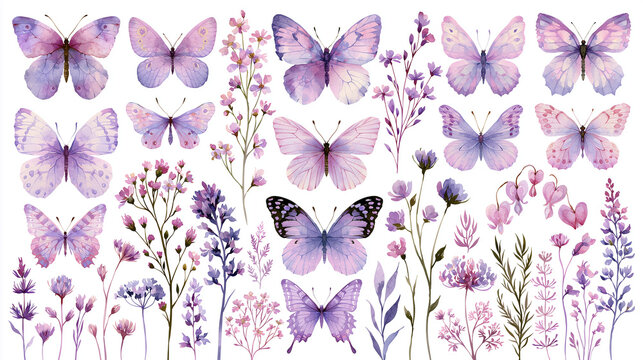 Watercolor purple butterflies and wildflowers collection isolated on white background