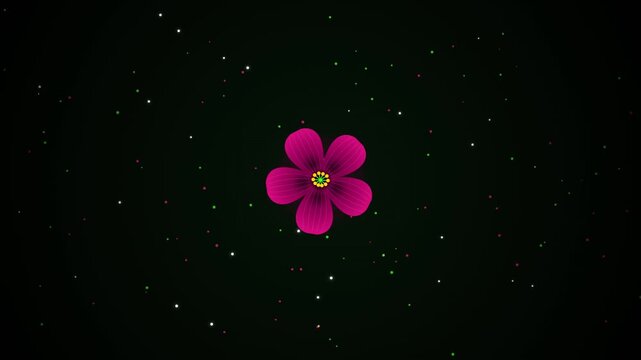 Cinematic seamless loop featuring a pulsing magenta oxalis flower emitting glowing green and magenta fluid spores. Spores drift horizontally in a wind-swept wave over a dark background. Ideal for fant