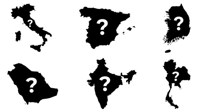 Set of black silhouette world country maps with question mark symbols representing geography quiz, travel uncertainty, border identification, global