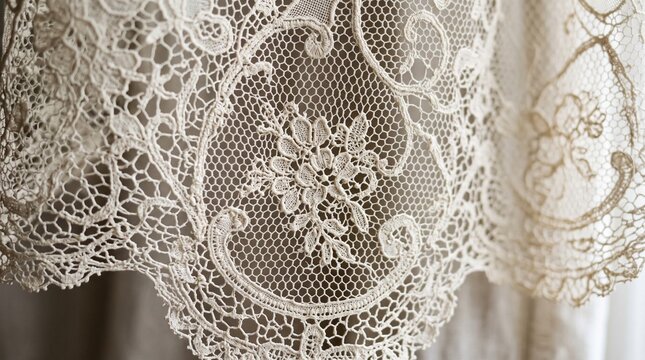 Intricate Antique Cream Colored Floral Lace Fabric With Traditional Ornate Patterns Showing Fine Textile Craftsmanship For Timeless Wedding Apparel And Vintage Home Decor Sewing Projects Or